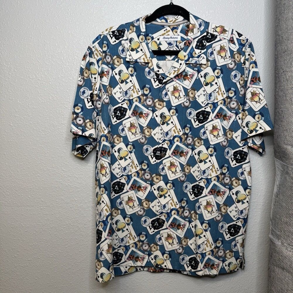Tommy Bahama Shirt Mens Medium Blue Stack The Deck Print Poker Collar Camp Silk